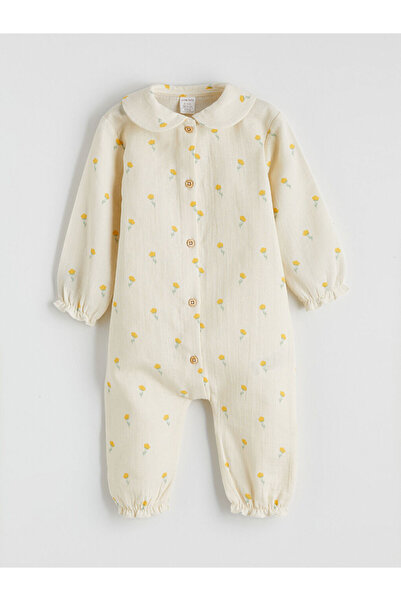 LC Waikiki Lcw Baby Ecru Ruffled Floral Printed Muslin Baby Girl Romper