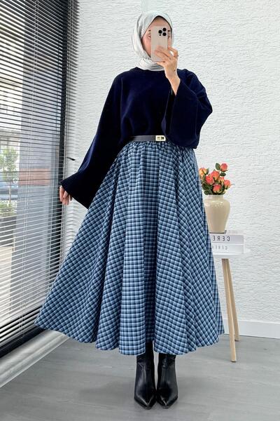 MELEK ARAZ Elastic Waist Midiboy Plaid Pattern Skirt - Blue