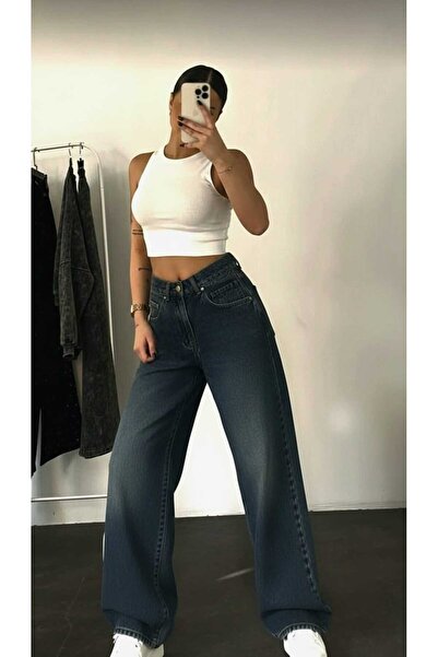 Trn JNS Tropi Dark Blue Wash Buckle Detail Loose Fit Wide Leg Comfortable Bag...