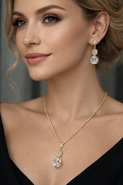 TAKIŞTIR Altın Renk Taş Detaylı Abiye Set