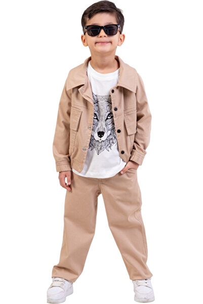 İrem Çocuk Giyim طقم ثلاثي للأولاد من قماش الغاباردين يتكون من سترة وتي شيرت ...