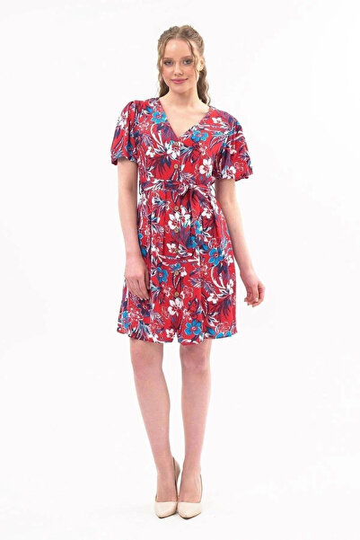 Zeta Group Women's Patterned Design Collar Placket Belted Red Dress - Red - I...