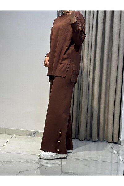 Tığ Triko Tunic Pants Set with Fabric Trim on the Sleeves and Button Detailing