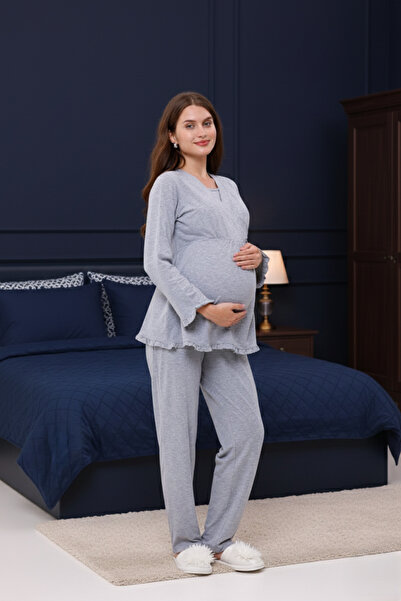 Yulem Homewear Gray Double-Breasted Ruffled Design Long Sleeve Cotton Materni...