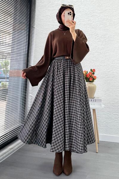 MELEK ARAZ Elastic Waist Midiboy Plaid Pattern Skirt - Brown