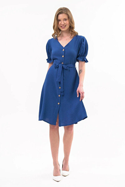 Astra Plus Women's V-Neck Shirt Placket Belted Elegant Cobalt Dress - Cobalt ...