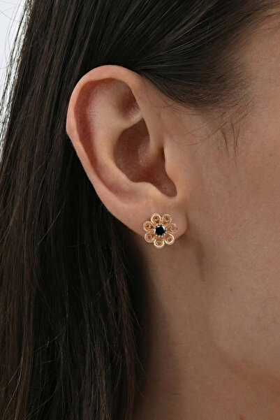 Söğütlü Silver 925 Ayar Gümüş Küpe Rose Telkari İşlemeli Siyah Zirkon Taşlı P...