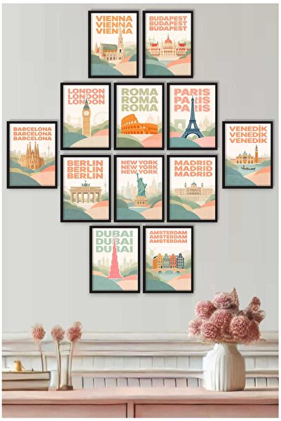 UNT Set de pictură MDF în stil boho World Cities – 12 bucăți 15x20 cm Decor d...