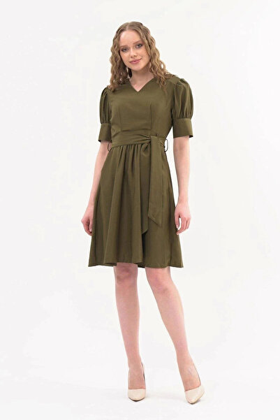Bonnie Clyde Women's Waist Tie Belted Sleeve Detail Midi Khaki Dress - Dark G...
