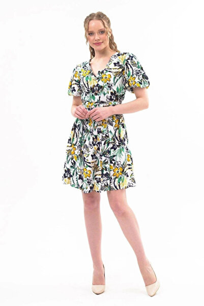 Astra Plus Women's Patterned Design Collar Placket Belted White Dress - White...