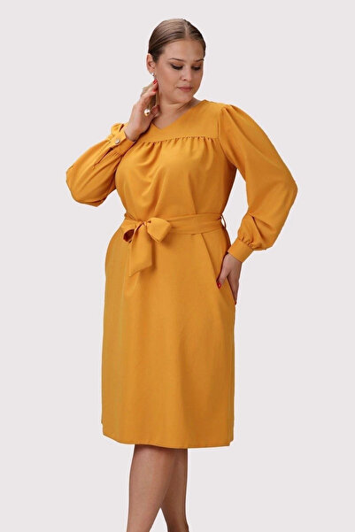 Astra Plus Women's Elastic Long Sleeve Mustard Dress with Ribbon Tie Detail -...