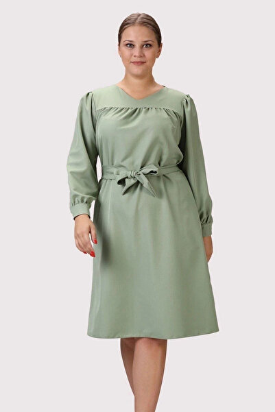 Astra Plus Women's Elastic Long Sleeve Ribbon Tie Detail Mint Dress - Mint - ...