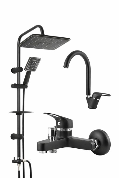 Viosa Siyah Yağmurlama Tepe Duş Seti Mutfak Lavabo 3'Lü Batarya Musluk Seti