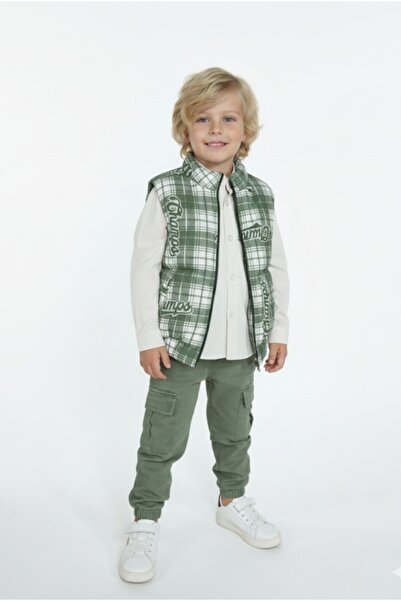Bebüş Boy's Zipper Closure Puffer Vest Woven Shirt Elastic Waist Cargo Pocket...
