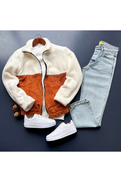 giyimadam16 Men's Color Block Plush Fleece Jacket & Baggy Jeans Pants Set