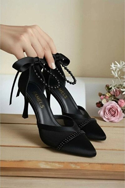 MİKANA MODA Short Heeled Shoes with Pearls and Hard Hats, Mesh Bridal Wedding...