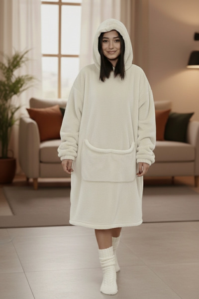 Wellsoft Kapüşonlu Giyilebilir TV Battaniyesi Unisex Oversize – Bej | Kanguru Cepli