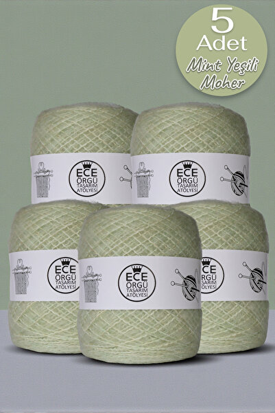 Ece Örgü Tasarım Atölyesi Mint yeşili, bol tüylü, ince moher örgü ipi (500 gr.)