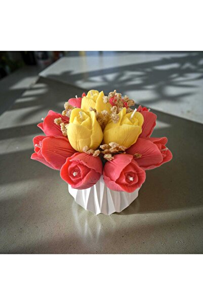 MODA El Yapımı Kırmızı & Sarı Lale Mum Buketi | Kokulu Soya Mum | Taş Tozu De...