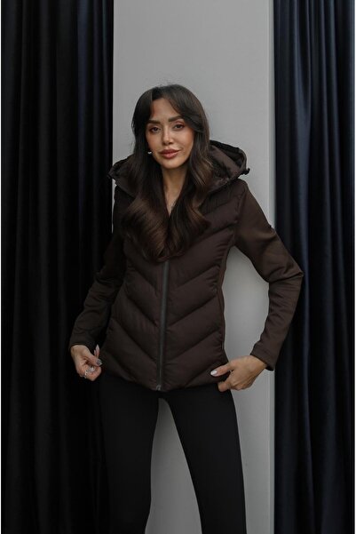 Havoş Kahverengi Kontrast Detaylı Şişme Mont