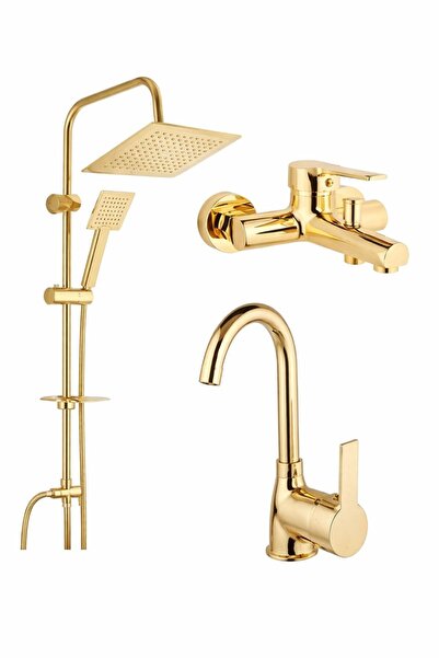 Viosa Gold Altın Yağmurlama Tepe Duş Seti Mutfak Lavabo 3'Lü Batarya Musluk Seti