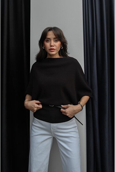 Havoş Bitter Brown Bat Sleeve Belted Sweater