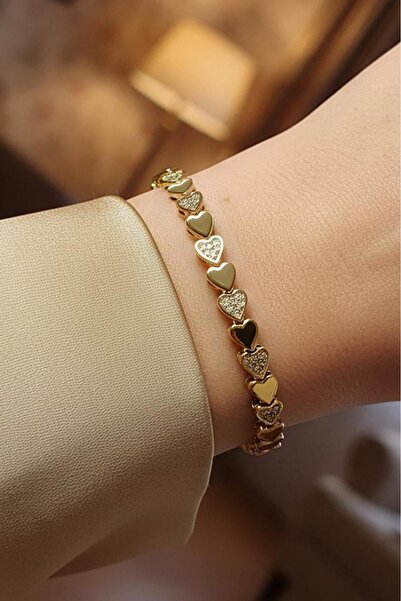 Valmont Accessories 14K Altın Renkli Kalp Detaylı Taşlı Kadın Bileklik 17 cm ...