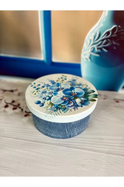 Bypinaryuksel Blue Flower Patterned Round Decorative Box