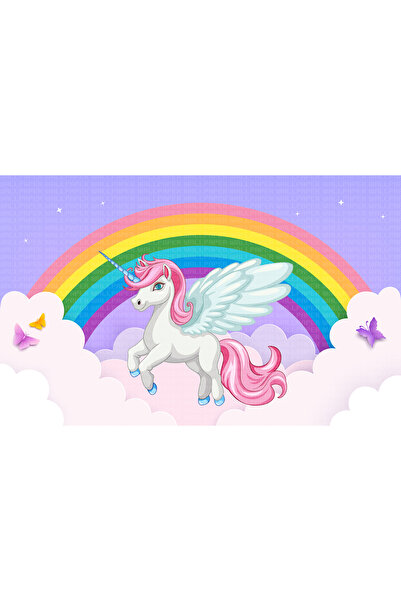 Arterior Wallpaper Gökkuşağı bulutlar kelebekler unicorn çocuk odası poster d...
