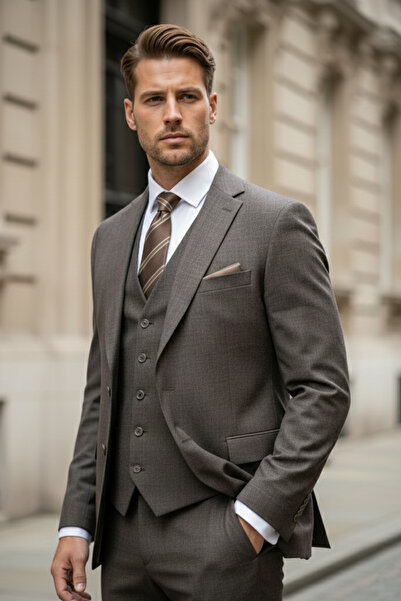 NAZEF Slim Fit Mono Collar 80% Wool Blended Winter Vest Set Piece Suit