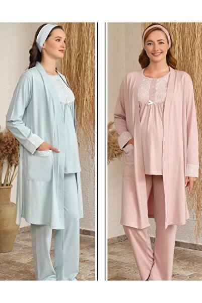 Baha Sabahlıklı Dantel Yaka Şardonlu Pembe-Mavi Lohusa Pijama Takımı 3 lü Loh...