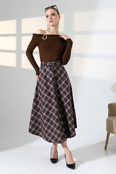 lubiti Plaid Patterned Long Flared/Bell Skirt - Front Buttoned with Belt