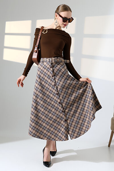 lubiti Plaid Patterned Long Flared/Bell Skirt - Front Buttoned with Belt