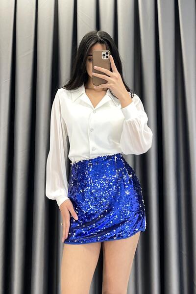 TOPSHOW Çift Renk Pullu Mini Etek - Saks SAKS