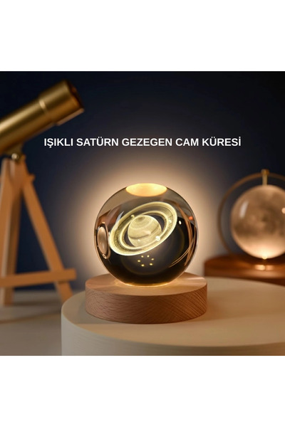 Epilons مصباح LED على شكل كرة كريستالية مع كوكب زحل مع حامل خشبي ومنفذ USB