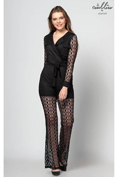 Stylish Elegant black jumpsuit with long sleeves and pants adorned with sheer...