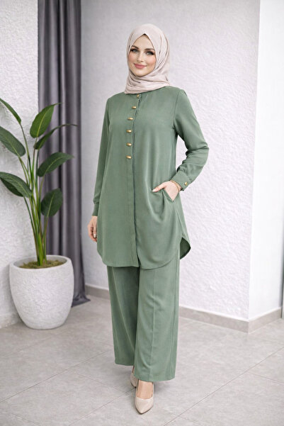 Elif Artar طقم بنطلون تونيك نسائي بياقة حكيم مع تفاصيل أزرار - تصميم أنيق ومريح