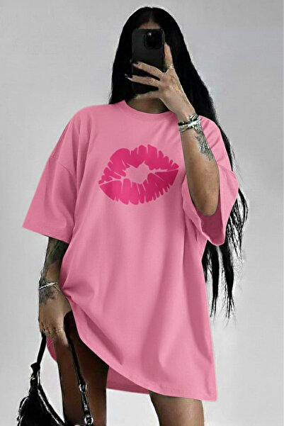 New Shine تي شيرت للجنسين مطبوع عليه الشفاه الوردية