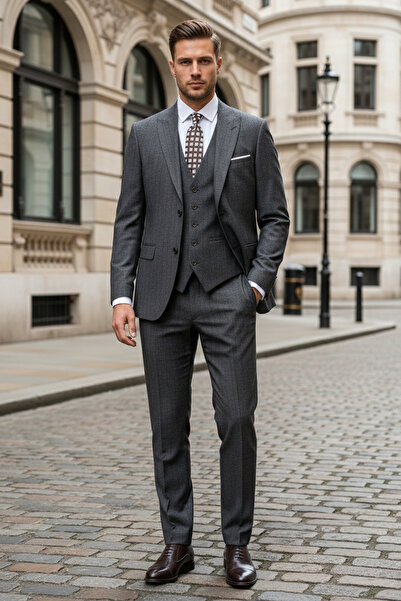 NAZEF Slim Fit Striped Dark Gray Vest Set Piece Suit