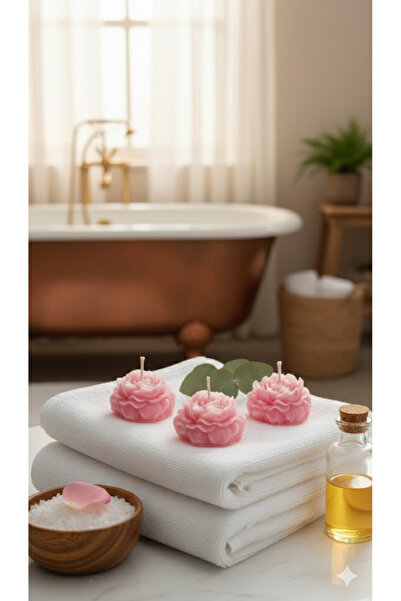 Yuma Hediye El Yapımı Pembe Şakayık Dekoratif Mum 3'lü- %100 Doğal İçerik