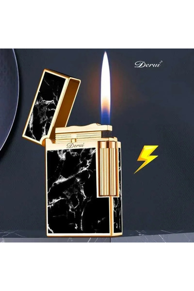 NikaŞ Siyah mermer desenli premium Dupont Tarzı Metal Gazlı Çakmak – Deri Kut...