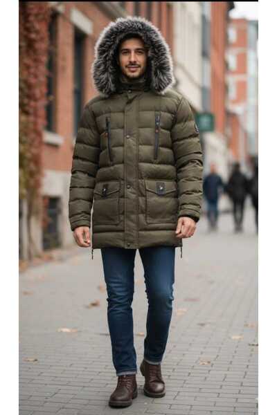 güncüoğlu Length 80cm Men's Thick Coat with Fur on the Hood and Removable Fur...