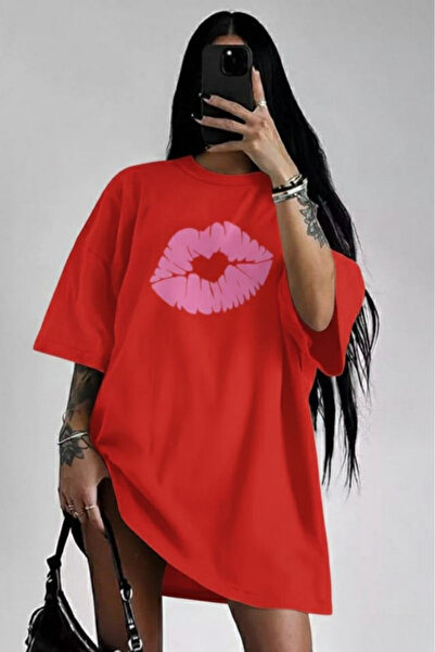 New Shine تي شيرت للجنسين مطبوع عليه الشفاه الوردية