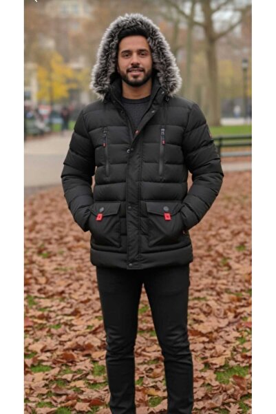 güncüoğlu Length 80cm Men's Thick Coat with Fur on the Hood and Removable Fur...