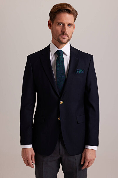 Ysf Erkek Lacivert Regular Fit Yünlü Blazer Ceket