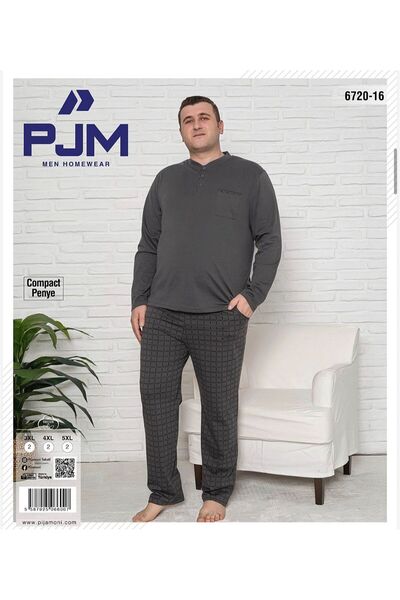PJM طقم بيجامة رجالي من القطن الممشط المضغوط بأكمام طويلة وثلاثة جيوب بأزرار