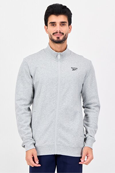 Reebok سويت شيرت رياضي رجالي بأكمام طويلة وسحاب كامل، رمادي