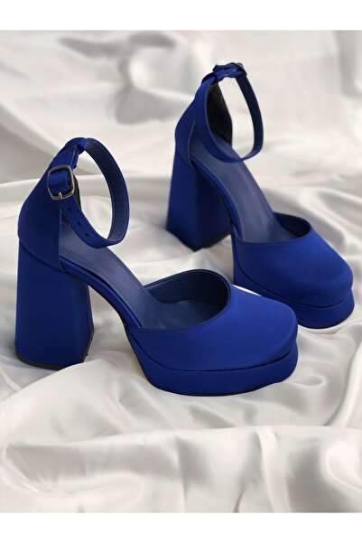 Felisya Butik Dark Blue Satin Thick Heel Platform Evening Shoes 10cm - Feli̇s...