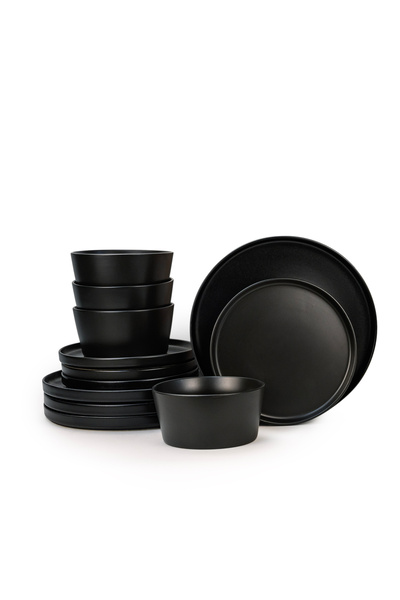 Cuisine Art BOLA 12-Piece Stoneware Dinner Set, Black - 4N Dinner Plates, Des...