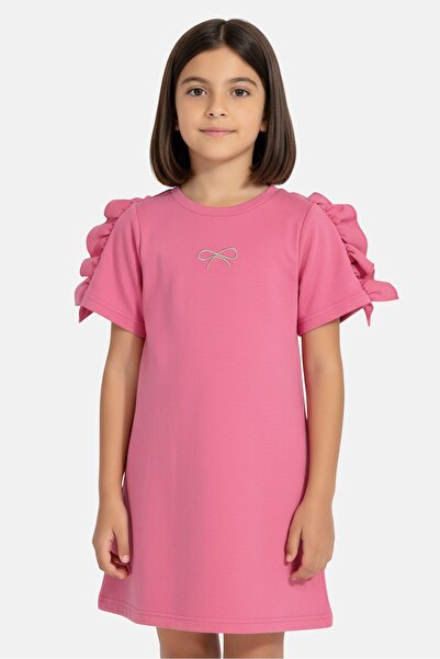 Lili Gaufrette Kids Girl Crew Neck Short Sleeve Embroidered Logo Dress, Pink